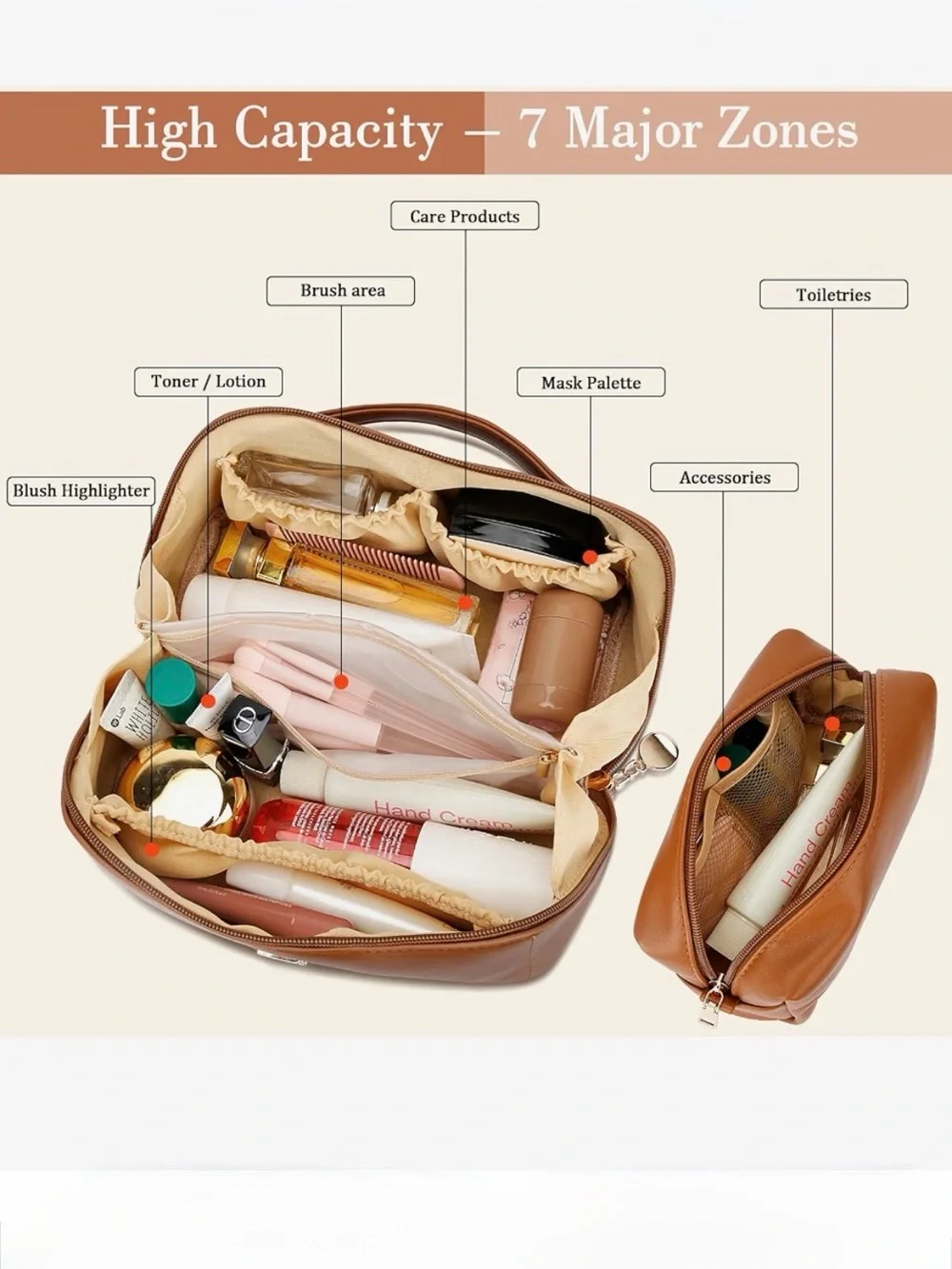 Cloudwings Tan Leatherette Cosmetic Pouch bags with Metallic 'L' Accent